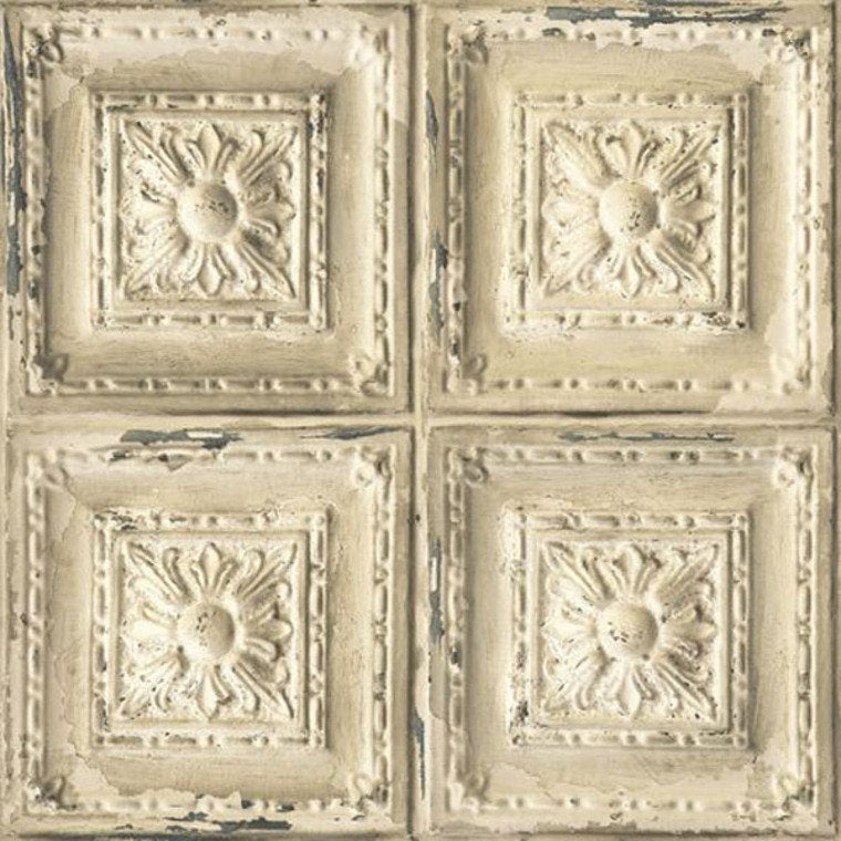 Aged Square Cream Ceiling Tile on Unpasted Wallpaper