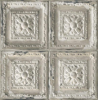 Aged Square Silver Ceiling Tile on Unpasted Wallpaper