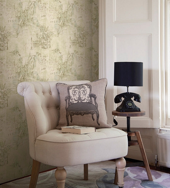 Paris Streets Sketches Shaded Dark Cream w/ Green on Unpasted Wallpaper