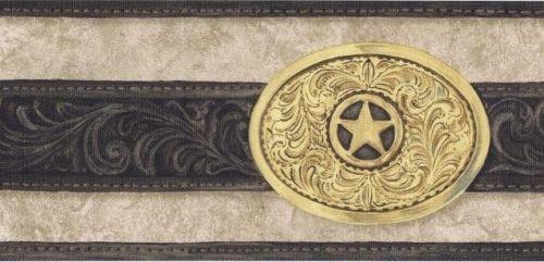 Country Western Gold Buckle on Black Belt on Taupe Wallpaper Border