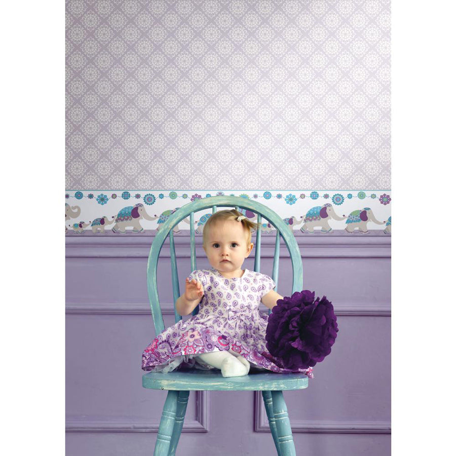 Follow the Leader India Elephant Family Purple & Teal on Sure Strip Wallpaper Border - all4wallswall-paper