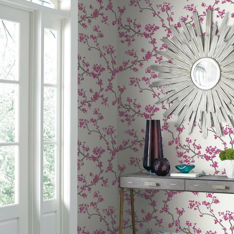 Pink Raspberry Floral & Branches Asian Artistry Paste the Paper Wallpaper