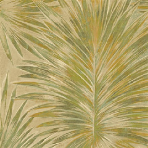 Green and Golden Lanai Tropical Palms on Metallic Unpasted Wallpaper