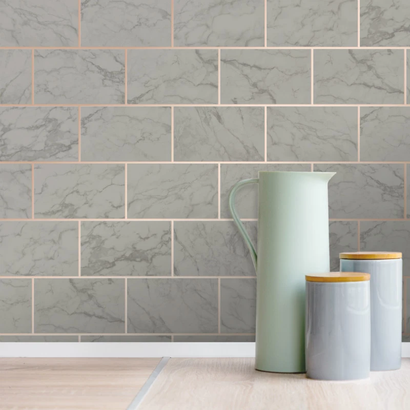 Grey Marble Subway Tile with Rose Gold Grout Unpasted Wallpaper - all4wallswall-paper