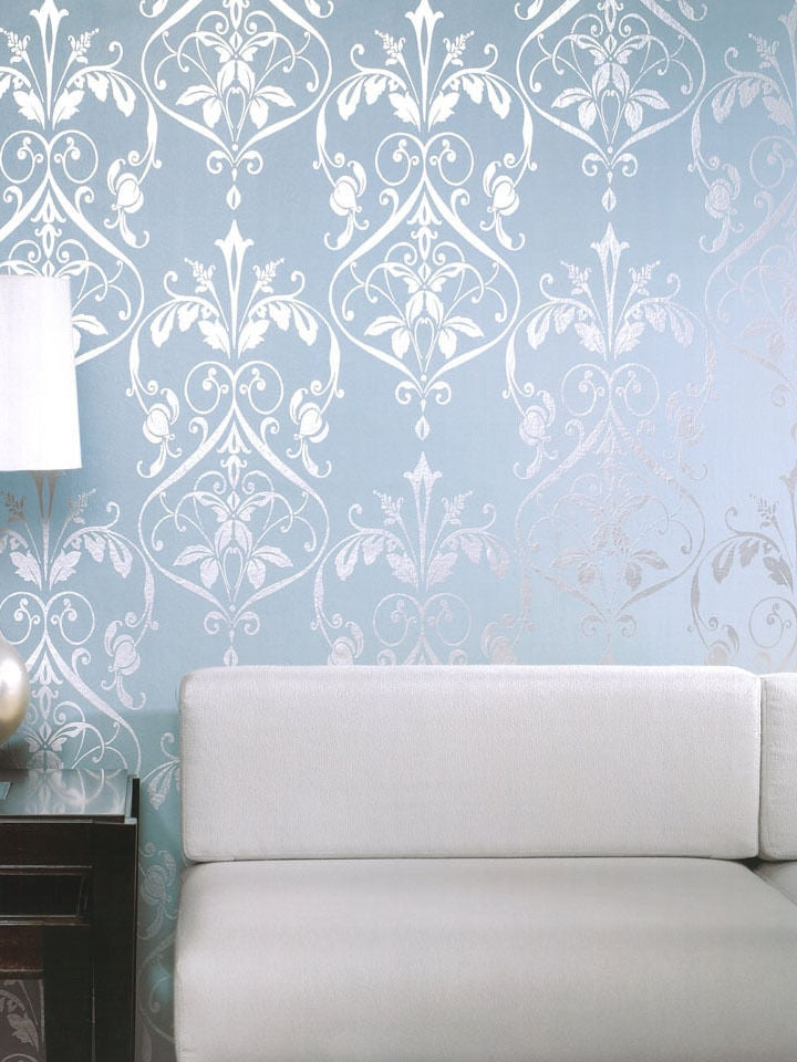 Bold Silver Damask on Blue Green Background Unpasted Wallpaper - all4wallswall-paper