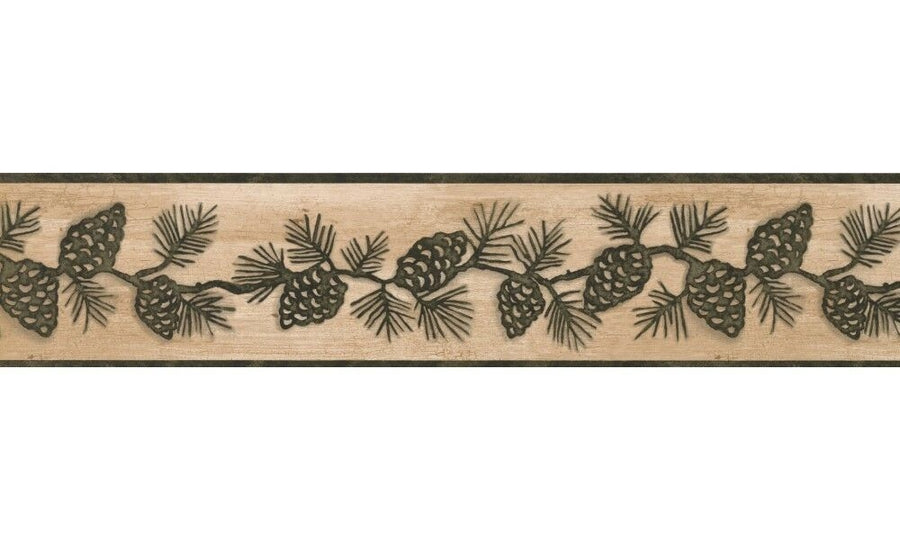 Dark Green Pine Cones on Beige Crackle Lodge Wallpaper Border - all4wallswall-paper