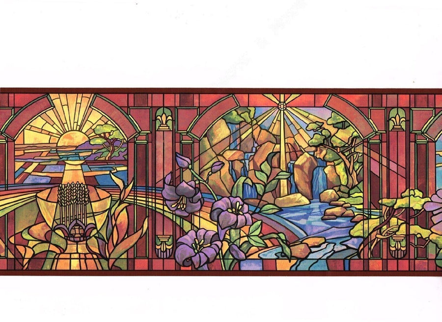 Colorful Stained-Glass Window Deep Red Trim Religious Wallpaper Border